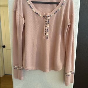 Free People Blush Pink Long Sleeve Waffle Henley with Braided Trim